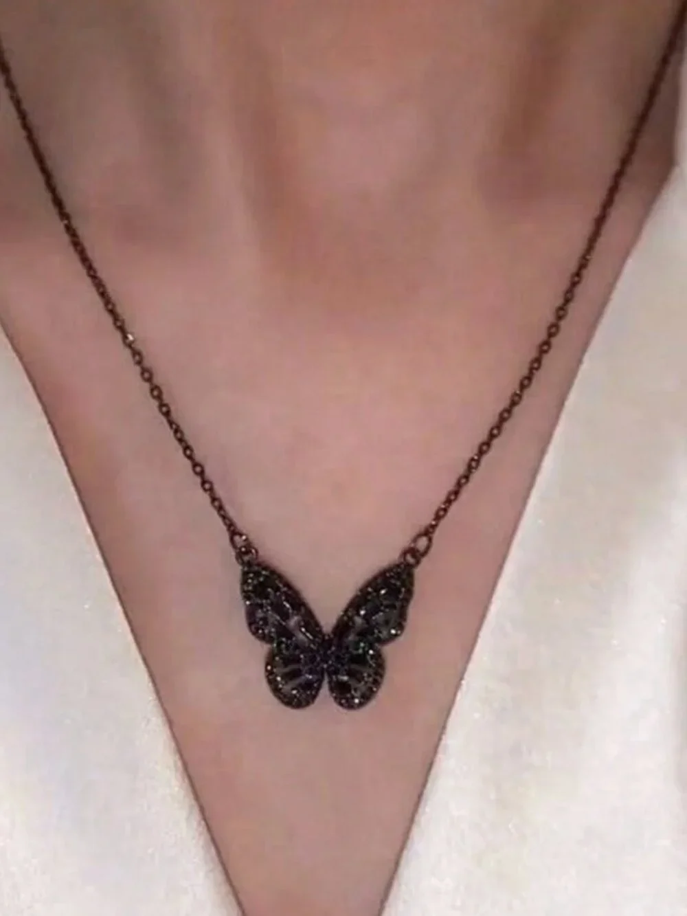 Goth Style Black Crystal Hollow Butterfly Necklace